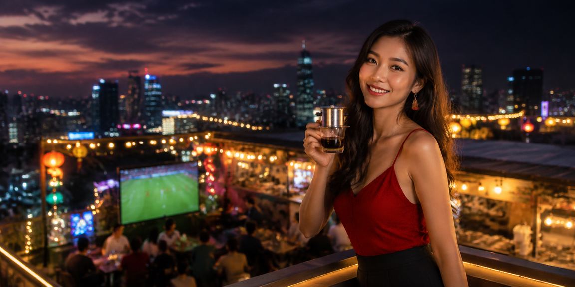 Người dùng tại Mũi Né xem thống kê kèo bóng đá trên điện thoại bên tách cà phê buổi sáng