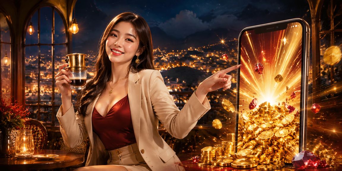 Người dùng tại Sapa cầm ly cà phê và trải nghiệm ứng dụng casino trên điện thoại